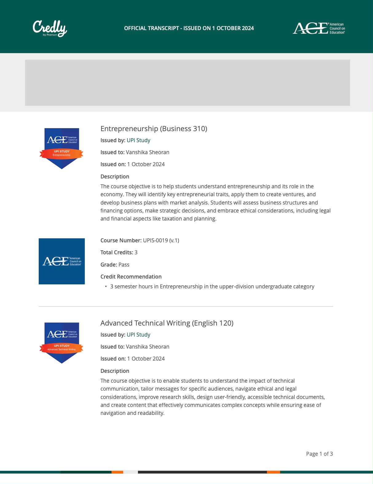 Business & Professional Achievement Certificate